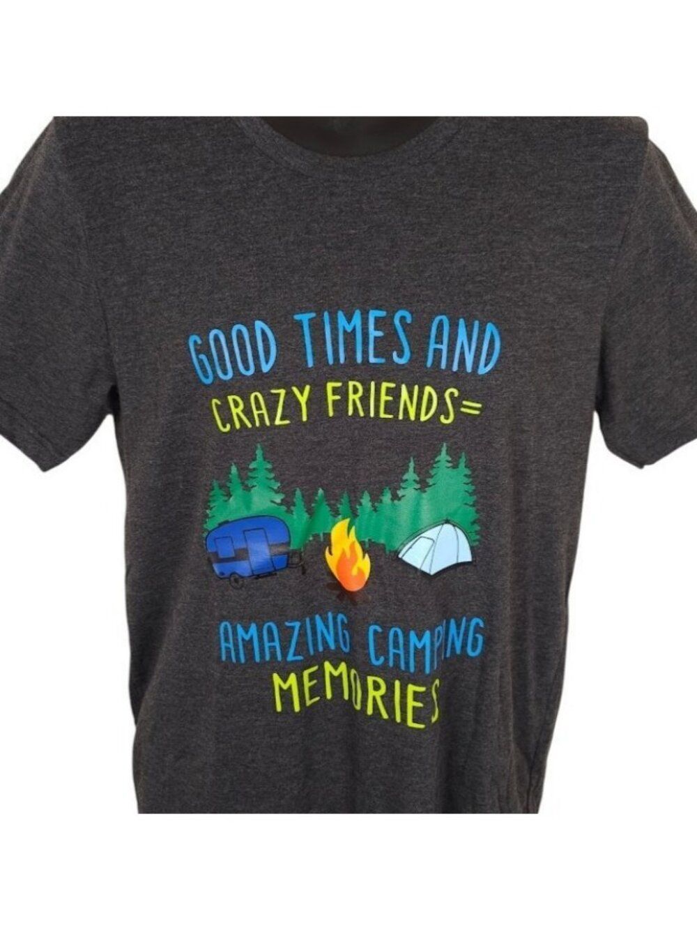 Camping T Shirt Mens Size Medium Dark Gray Good Times Crazy Friends